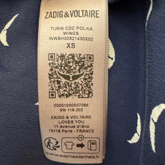 Zadig & Voltaire Turin Polka Wings Silk Balloon Sleeve V-Neck Button-Up Top - Picture 6 of 6